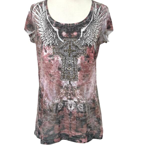 Liberty Tops - Liberty Women Burnout Biker Grunge Short Sleeve T-shirt Top White Size Large